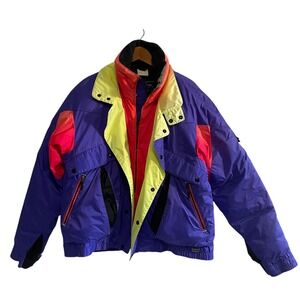 Mountain Goat Ski Puffer Jacket Men's Size Medium Multicolor Purple Pink Yellow